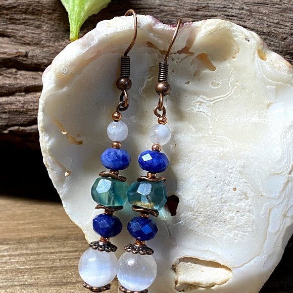 Selenite Blue Fluorite Sodalite Copper Earrings - Picture 8 of 8